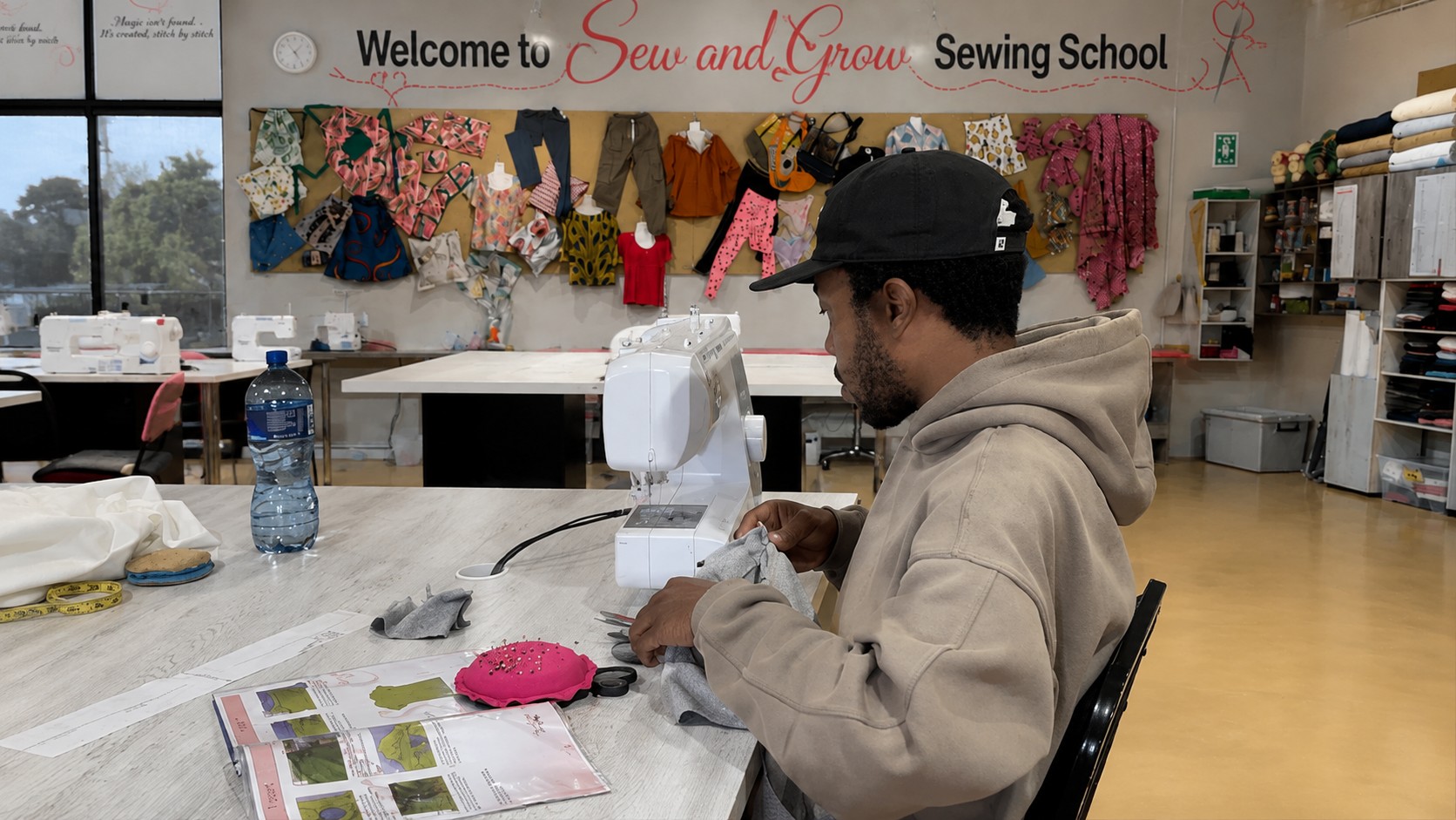 A man learning to sew at the machine in the studio